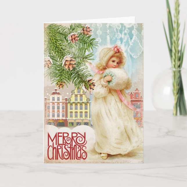 Victorian Girl in Fur Coat Christmas Card (Front)