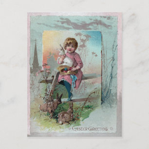 Victorian Girl on Fence With Easter Rabbits Holiday Postcard