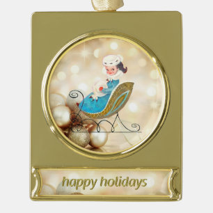 Victorian Girl on Old Fashioned Sled Gold Plated Banner Ornament