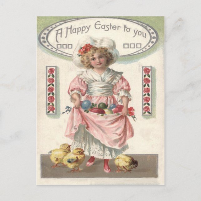 Victorian Girl Painted Coloured Easter Egg Rose Holiday Postcard (Front)