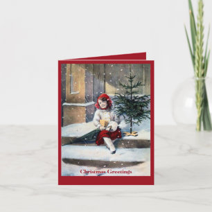 Victorian girl, tree, house Christmas card
