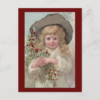 Victorian Girl with Christmas Holly Holiday Postcard