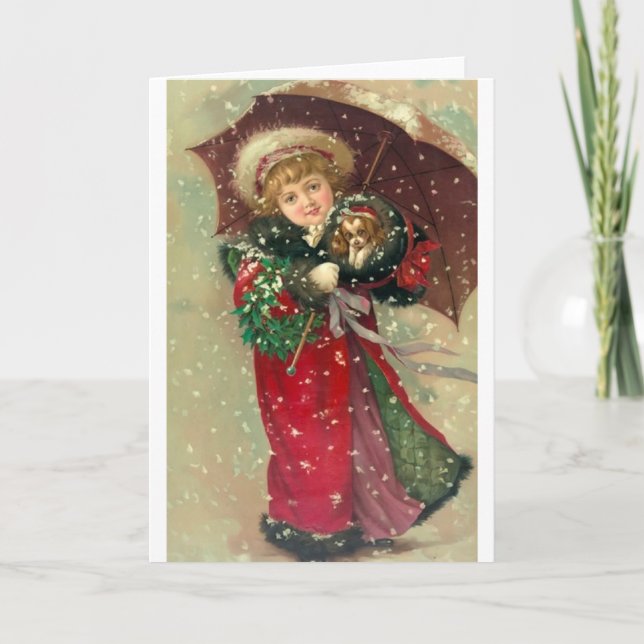Victorian Girl with Puppy Christmas Note Card (Front)
