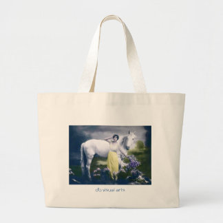 victorian girl with white horse large tote bag