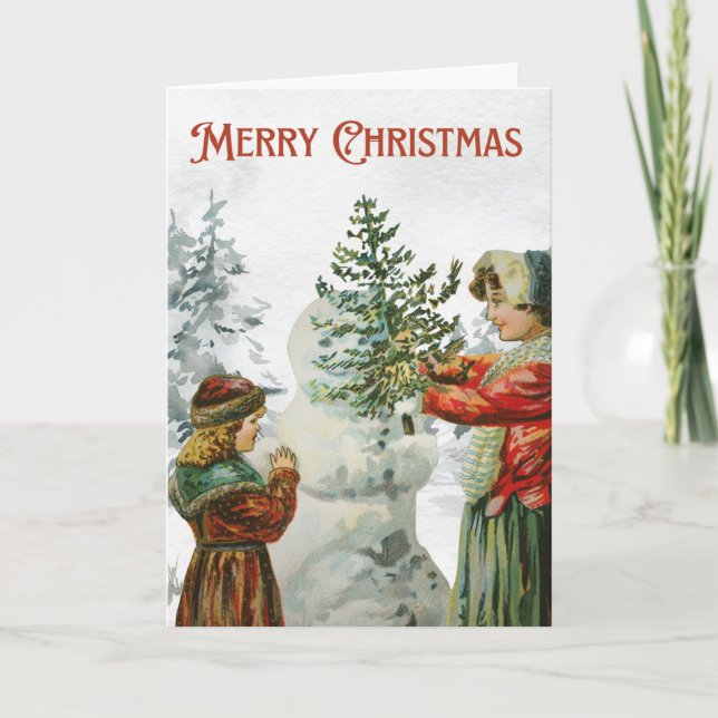 Victorian Girls Building a Snowman  Card (Front)