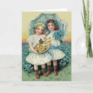 Victorian Girls Easter Chick Forget Me Not Umbrell Holiday Card