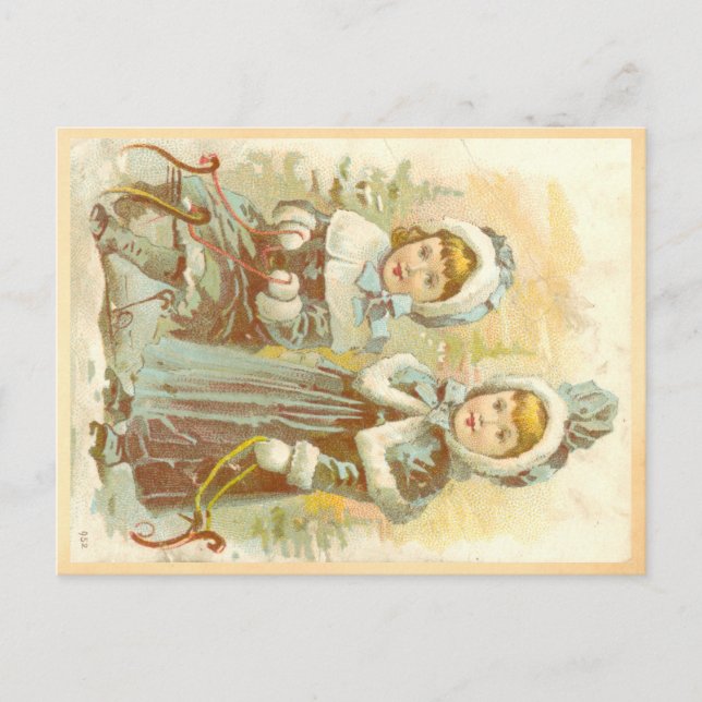 Victorian girls going sledding postcard (Front)