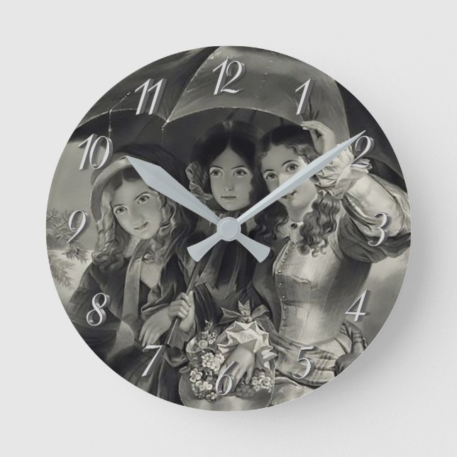 Victorian girls umbrella rainy day black and white round clock (Front)