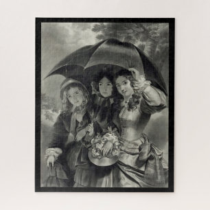 Victorian girls umbrella rainy day black white jigsaw puzzle