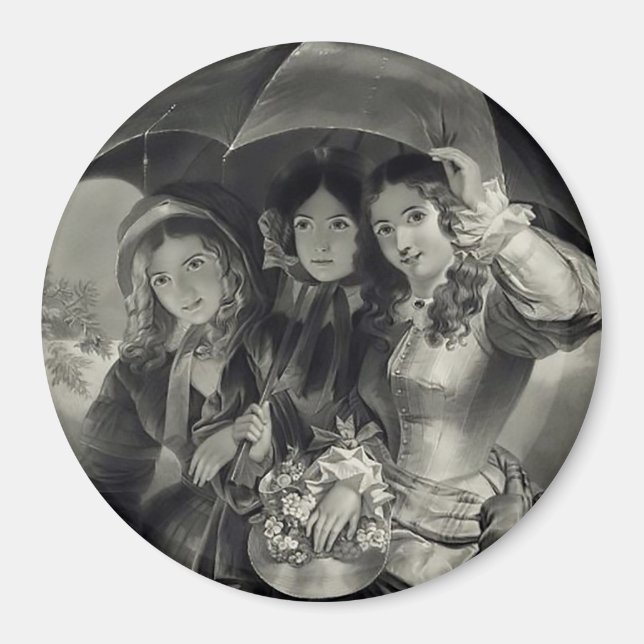 Victorian girls umbrella rainy day black white magnet (Front)