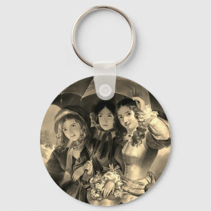 Victorian girls umbrella rainy day sepia gold key ring