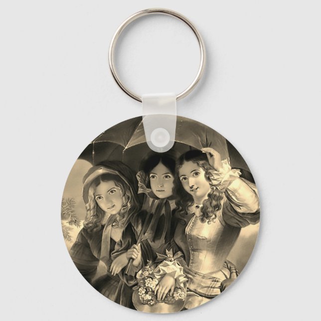 Victorian girls umbrella rainy day sepia gold key ring (Front)