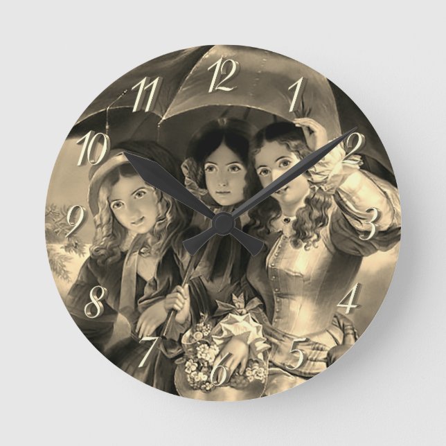 Victorian girls umbrella rainy day sepia gold round clock (Front)