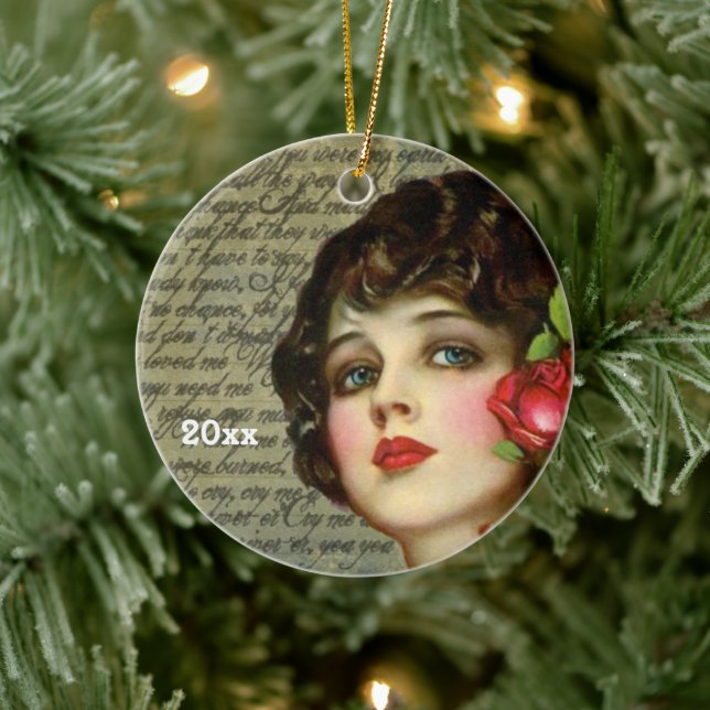 Victorian Glamour Girl w/ Red Rose Ceramic Ornament (Tree)