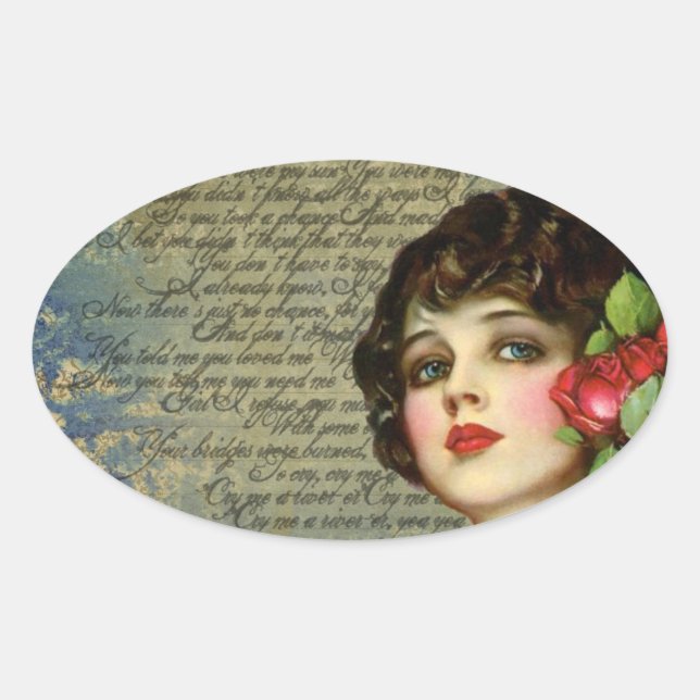 Victorian Glamour Girl w/ Red Rose Oval Sticker (Front)