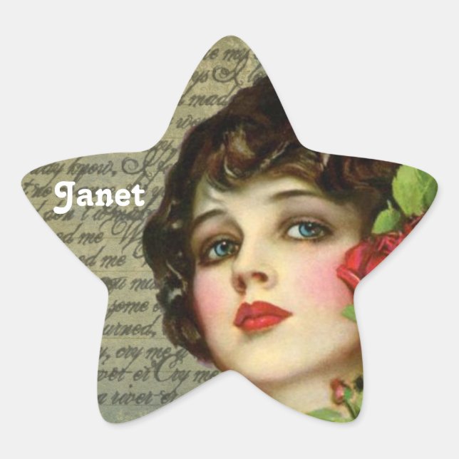 Victorian Glamour Girl w/ Red Rose Star Sticker (Front)