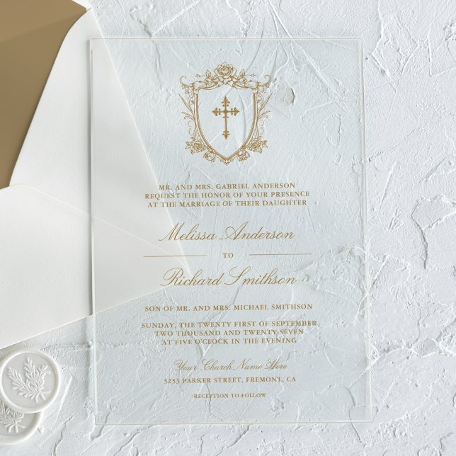 Victorian Gold Catholic Wedding Acrylic Invitations (Creator Uploaded)