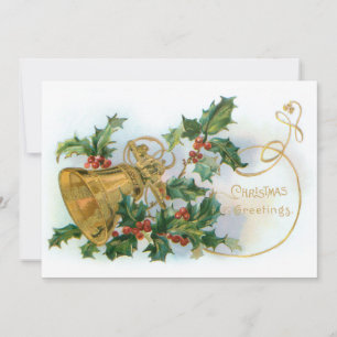 Victorian Gold Christmas Bell and Holly Holiday Card
