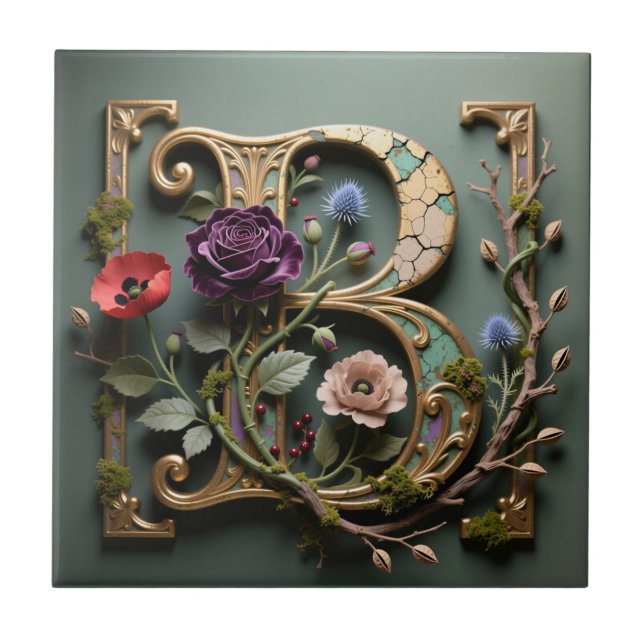 Victorian Gold Teal Letter B Monogram Ceramic Tile (Front)