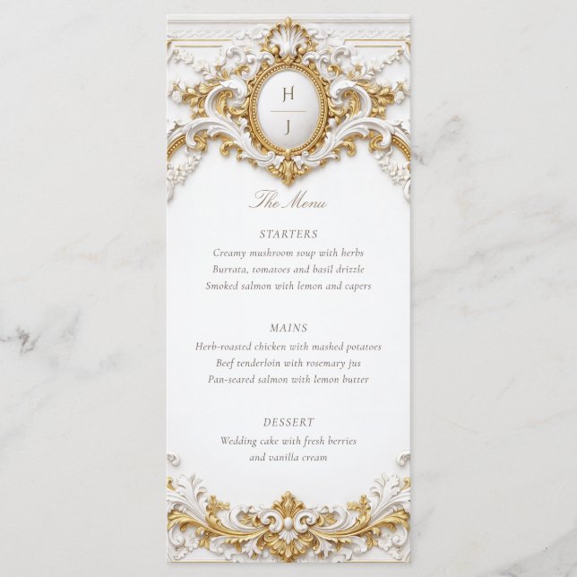 Victorian Gold & White Baroque Frame Wedding Menu (Front)