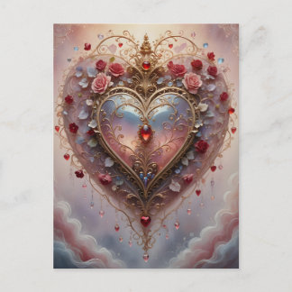 Victorian golden heart, roses and flowers, vintage holiday postcard