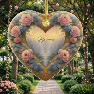 Victorian, golden heart with flowers and saying ceramic ornament