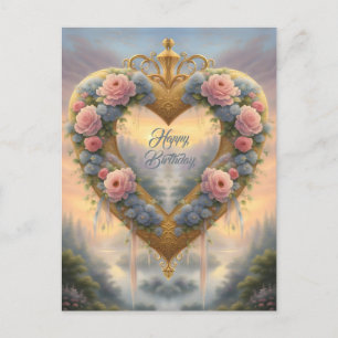 Victorian, golden heart with flowers and saying postcard