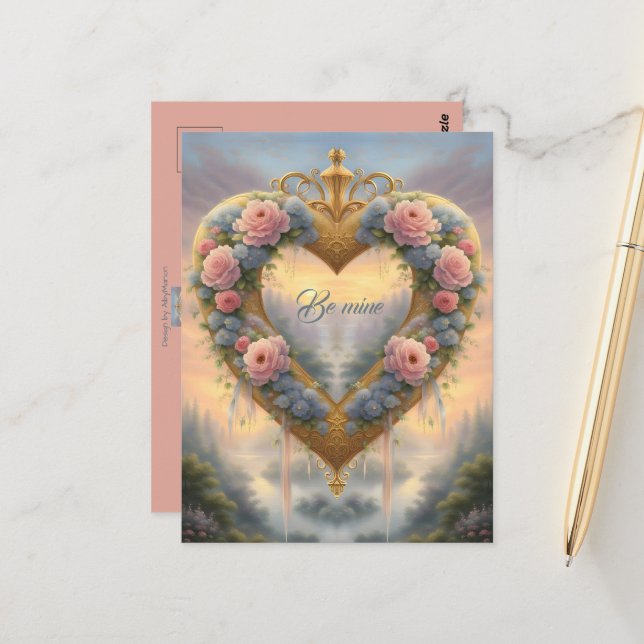 Victorian, golden heart with flowers and saying postcard (Front/Back In Situ)