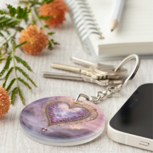 Victorian golden heart with lilac flowers, vintage key ring