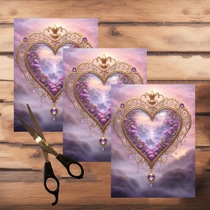 Victorian golden heart with lilac flowers, vintage tissue paper
