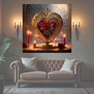 Victorian golden heart with red roses, vintage poster
