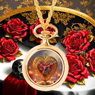 Victorian golden heart with red roses, vintage watch