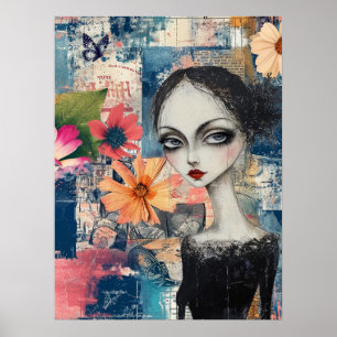 Victorian Goth Girl Floral Butterfly Abstract Art  Poster