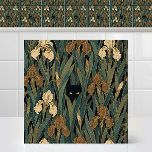 Victorian Gothic Black Cat Iris Foliage Tapestry Ceramic Tile