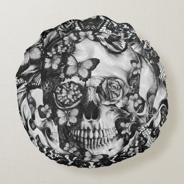 Victorian gothic, butterfly lace skull round cushion (Back)