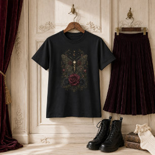 Victorian Gothic Death Head Moth Burgundy Roses T-Shirt