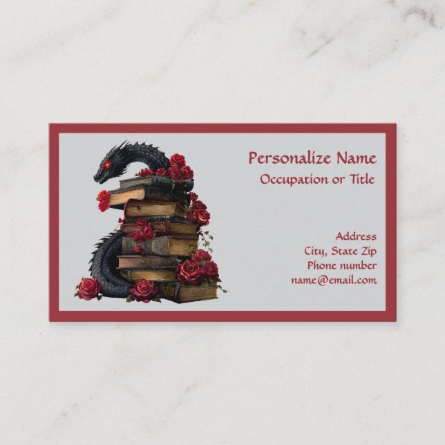 Victorian Gothic Dragon Antique Books Roses Business Card (Front)