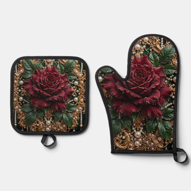 Victorian Gothic Floral Oven Mitt & Pot Holder Set (Front)