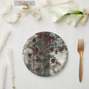 Victorian Gothic Garden Roses Pattern Paper Plate