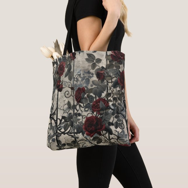 Victorian Gothic Garden Roses Pattern Tote Bag (Close Up)
