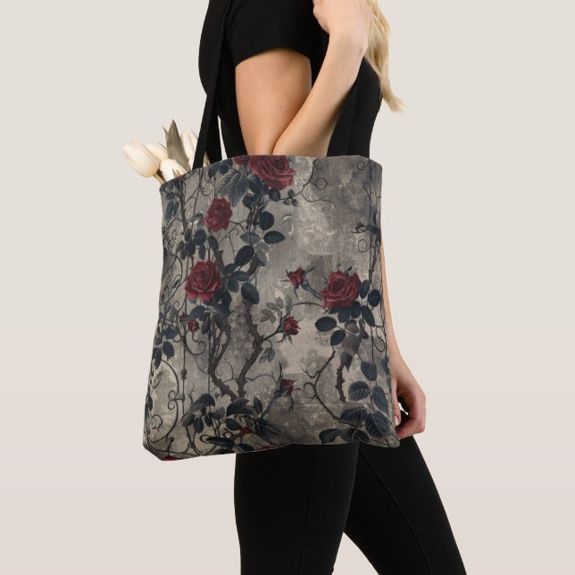 Victorian Gothic Garden Roses Pattern Tote Bag (Close Up)