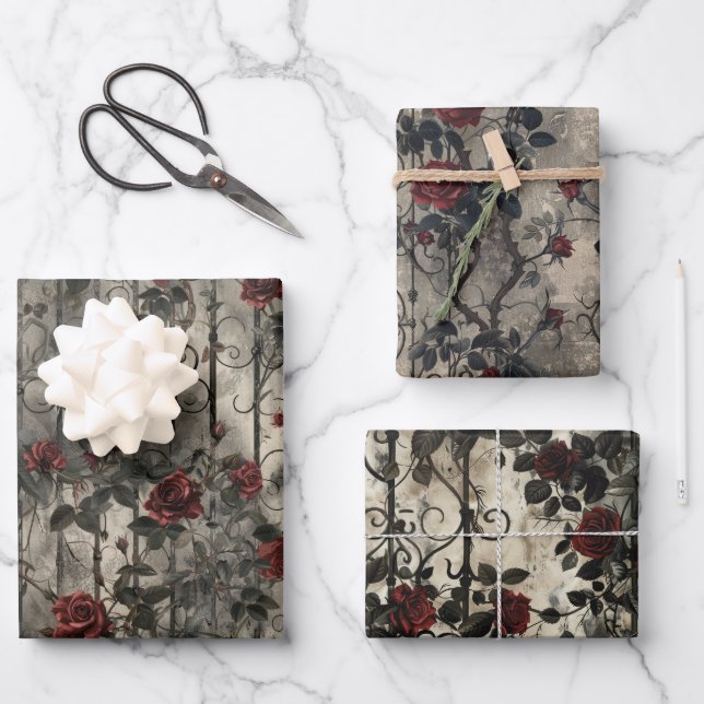Victorian Gothic Garden Roses Pattern Wrapping Paper Sheet (Front)