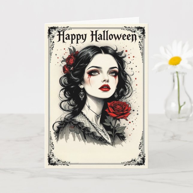 Victorian Gothic Halloween Lady with Red Rose Card (Small Plant)