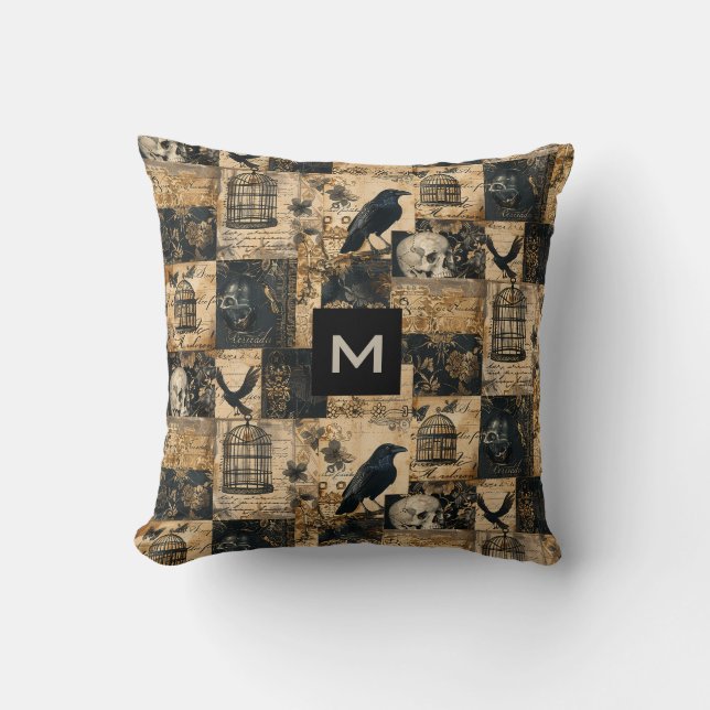 Victorian Gothic Halloween Monogrammed Patchwork  Cushion (Front)