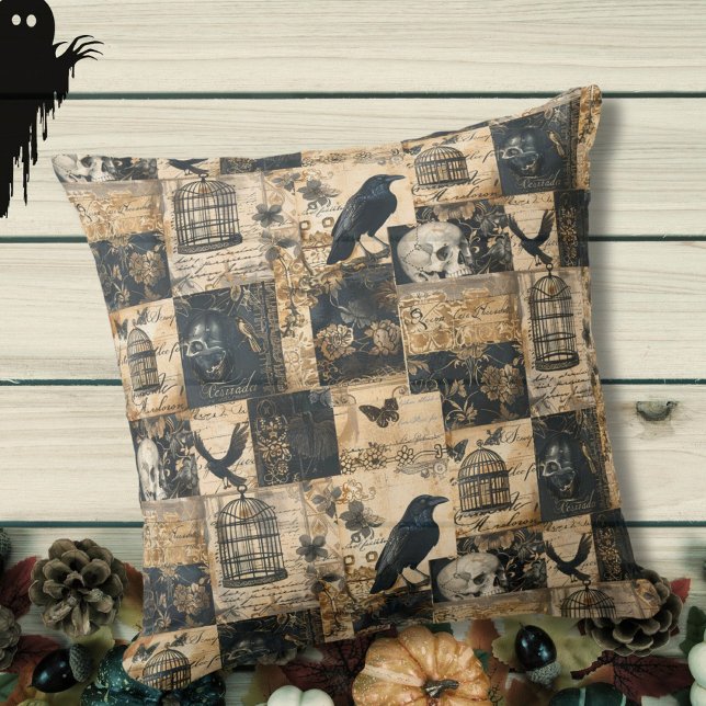 Victorian Gothic Halloween Patchwork  Cushion (victorial gothic patchwork throw pillow with raven birds, skulls, birdcages and script typography)