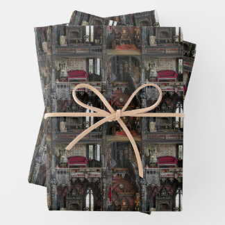 Victorian Gothic Haunted Dollshouse with Dolls in Wrapping Paper Sheet