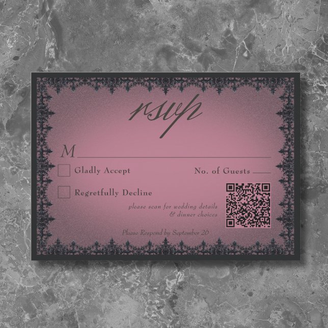 Victorian Gothic Iron Border Burgundy Wedding QR RSVP Card (Victorian Gothic Iron Border Burgundy Wedding RSVP Card)