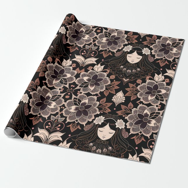 Victorian Gothic Lace Girl design Wrapping Paper (Unrolled)