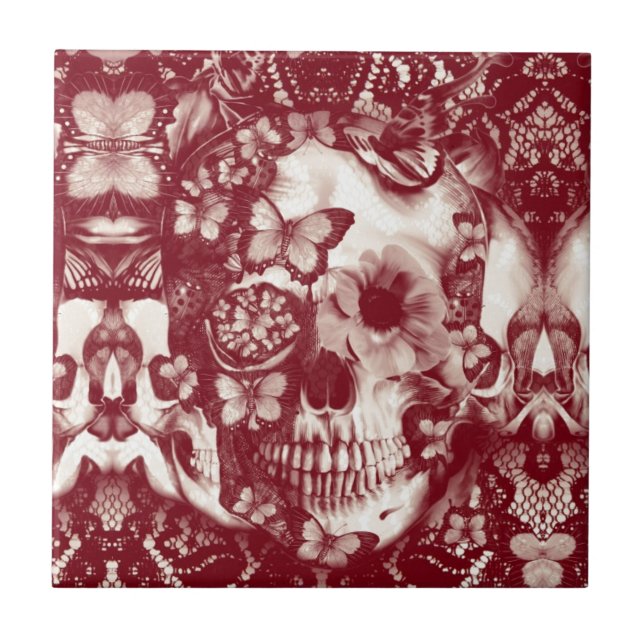 Victorian gothic lace skull ceramic tile (Front)