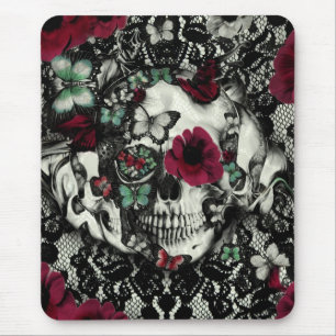 Victorian gothic lace skull with red accents mouse pad